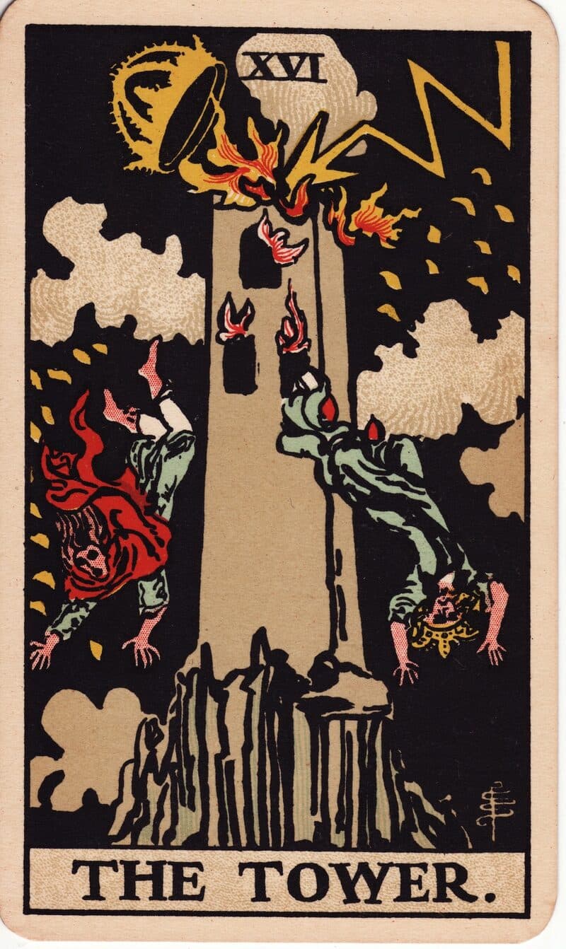 The Tower tarot card — stone tower struck by lightning with crown dislodged and two figures falling, Rider-Waite-Smith deck
