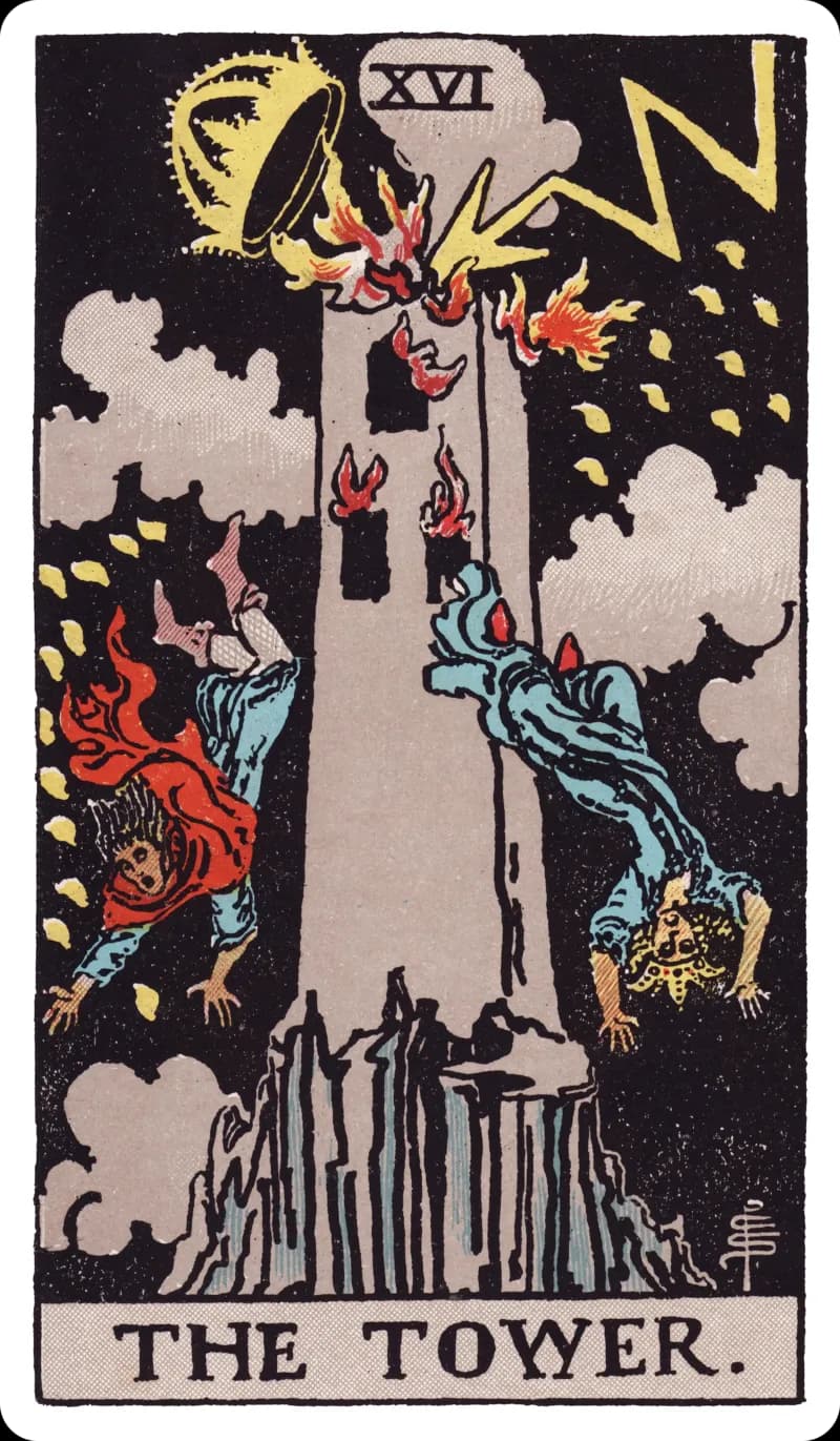 The Tower tarot card — stone tower struck by lightning with crown dislodged and two figures falling, Rider-Waite-Smith deck