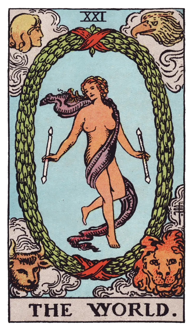 The World tarot card — dancing figure within a laurel wreath surrounded by four winged creatures, Rider-Waite-Smith deck