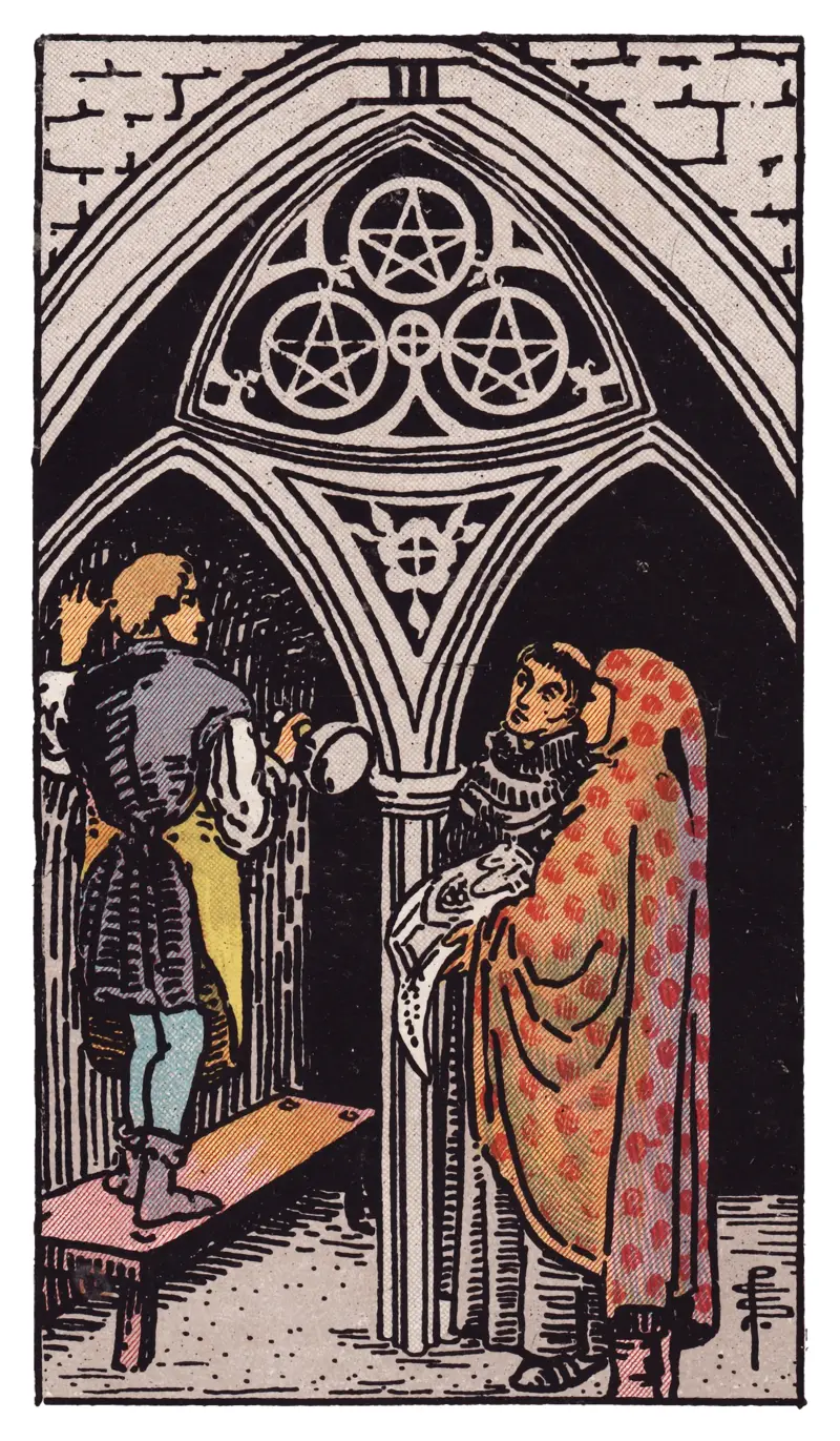 Three of Pentacles tarot card — craftsman on a bench in a Gothic cathedral consulting with a monk and an architect holding plans, three pentacles carved in the arch above, Rider-Waite-Smith deck