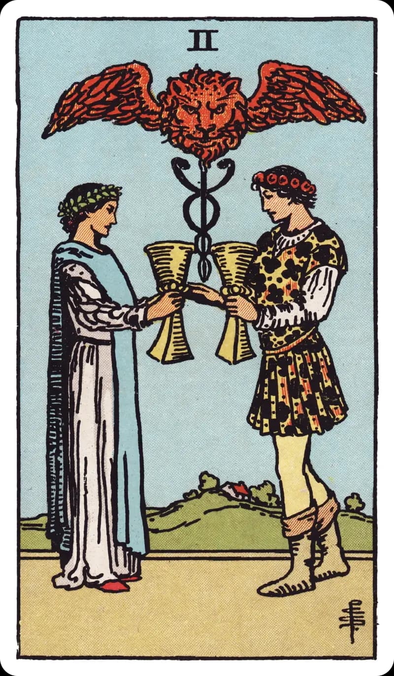 Two of Cups tarot card — two figures facing each other exchanging cups beneath a winged caduceus crowned with a lion's head, Rider-Waite-Smith deck