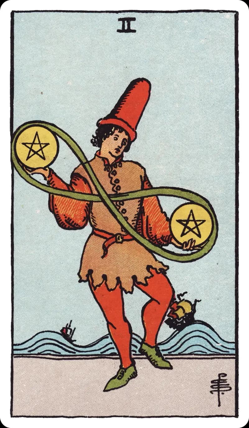 Two of Pentacles tarot card — young figure in a tall hat juggling two pentacles joined by an infinity ribbon while ships ride high waves behind, Rider-Waite-Smith deck