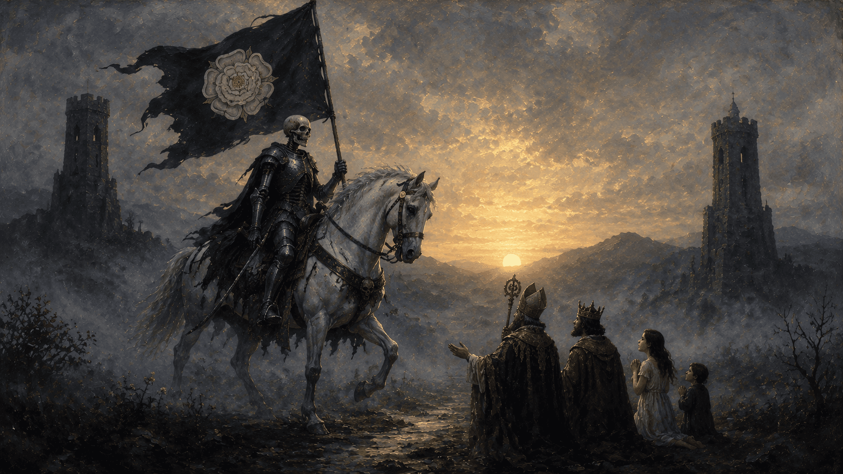 La carta de La Muerte del RWS: un esqueleto con armadura monta un caballo blanco y porta una bandera negra con una rosa blanca, mientras figuras de un rey, un obispo, una doncella y un niño están en su camino bajo un sol naciente