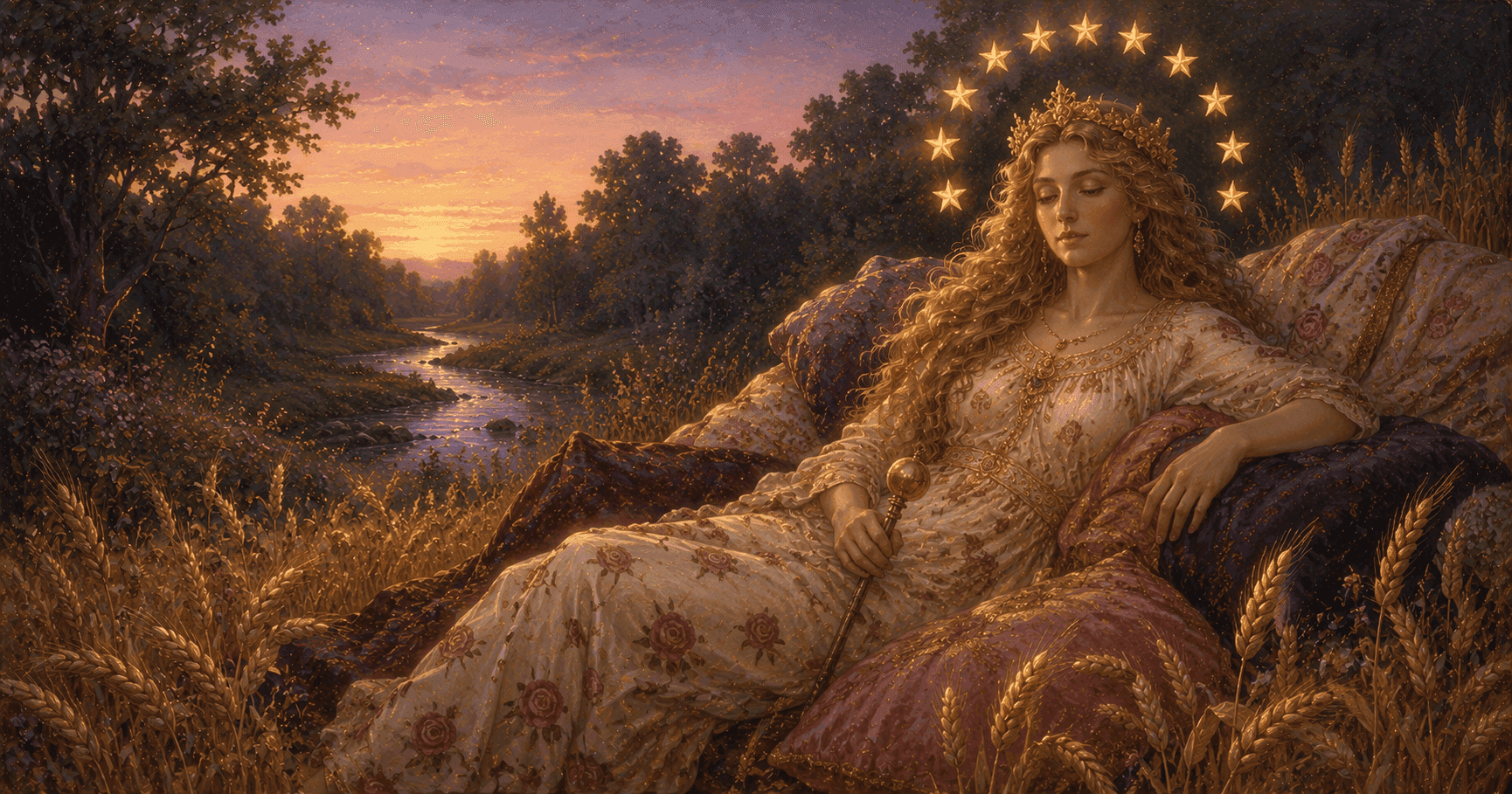 The Empress tarot card: a crowned figure on cushions in a field of wheat, a wooded stream behind her