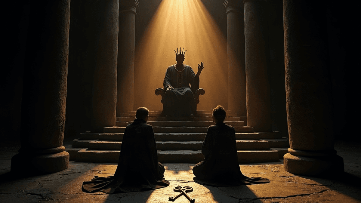 Una figura con túnica y corona, sentada en un trono de piedra entre altas columnas, alza una mano bajo un haz de luz dorada, mientras dos figuras con capa se arrodillan una junto a la otra frente a los escalones y un par de llaves doradas cruzadas descansa en el suelo entre ellas
