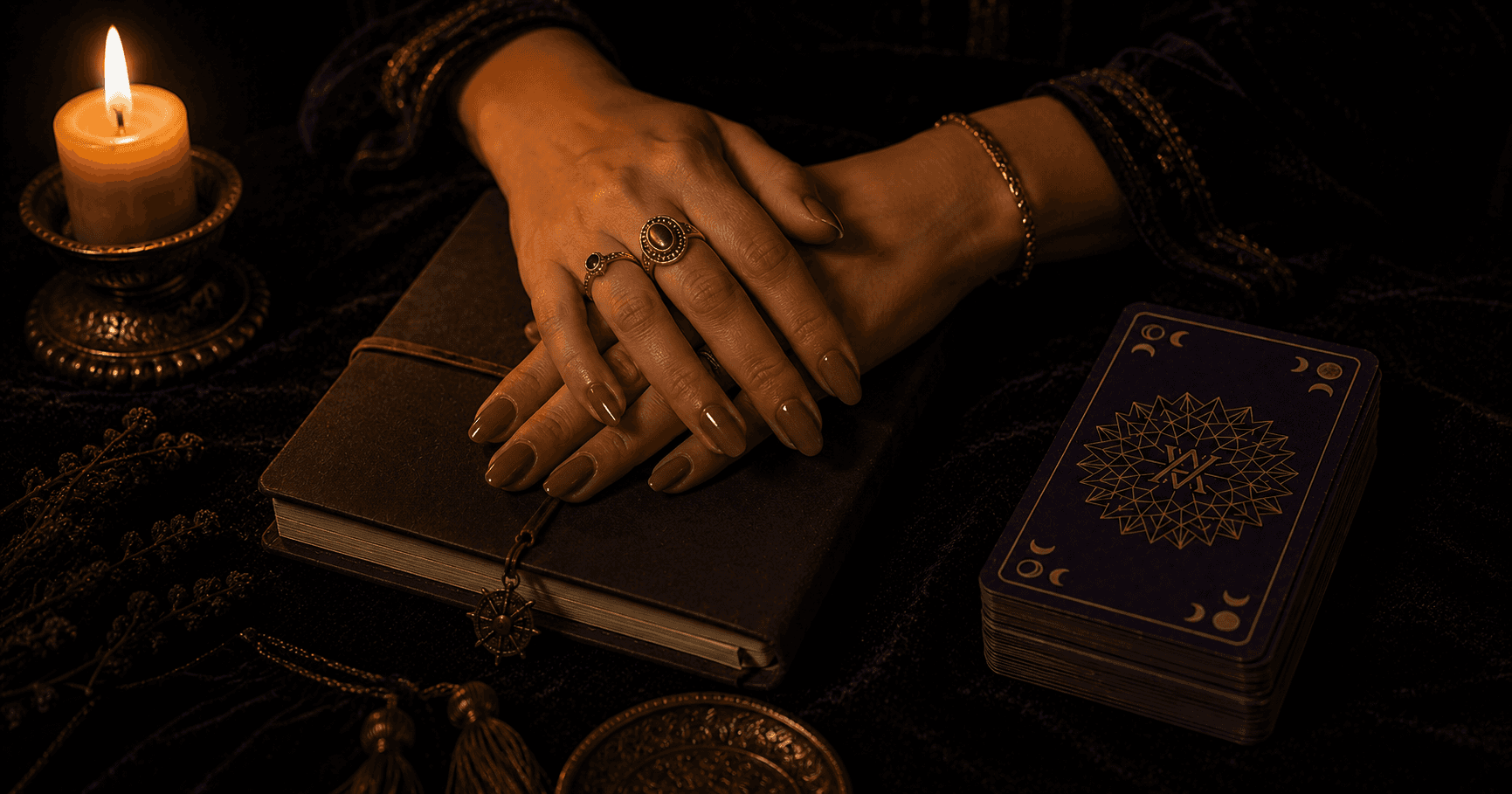 Hands resting over a closed notebook and a tarot deck on a candlelit table