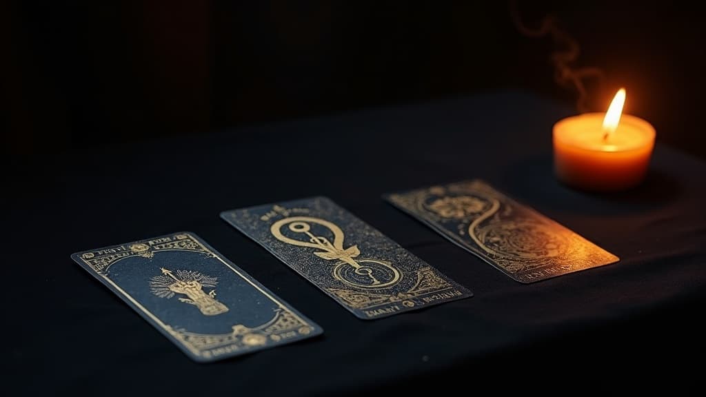 Three face-down tarot cards laid in a neat row on dark cloth, lit by candlelight, warm gold light catching their edges as a thin curl of incense smoke rises above them