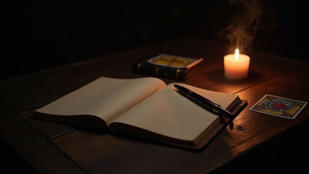 Un diario abierto de páginas en blanco junto a unas cartas de tarot boca abajo sobre una mesa oscura de madera a la cálida luz de una vela, una pluma apoyada sobre la hoja, una vela encendida y un hilo de humo que asciende, y los bordes de la escena cayendo en penumbra profunda