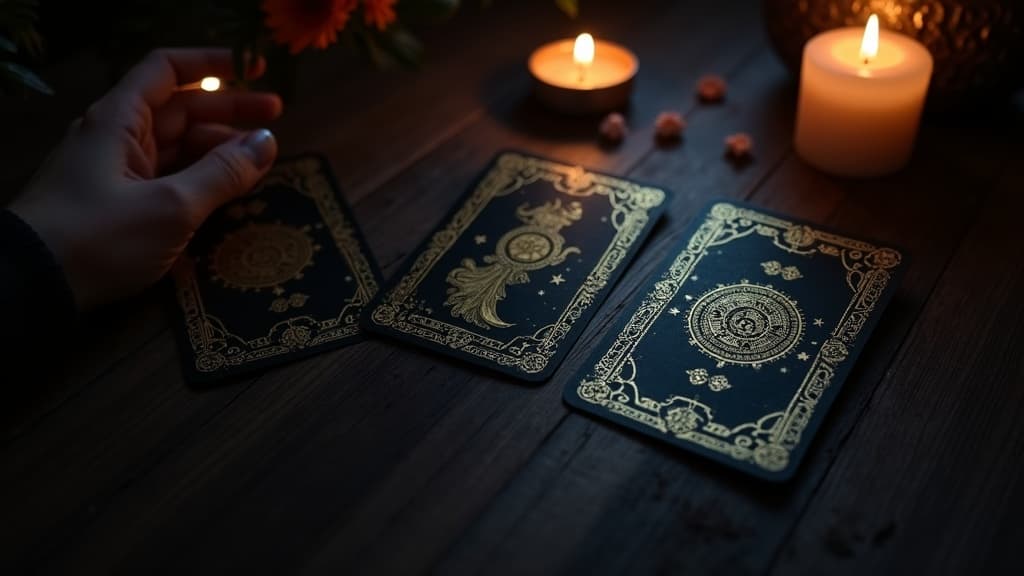 Tres cartas de tarot boca abajo sobre una mesa de madera oscura, con reversos negros de filigrana dorada, junto a una mano abierta y dos velas encendidas que bañan la escena en una luz dorada cálida
