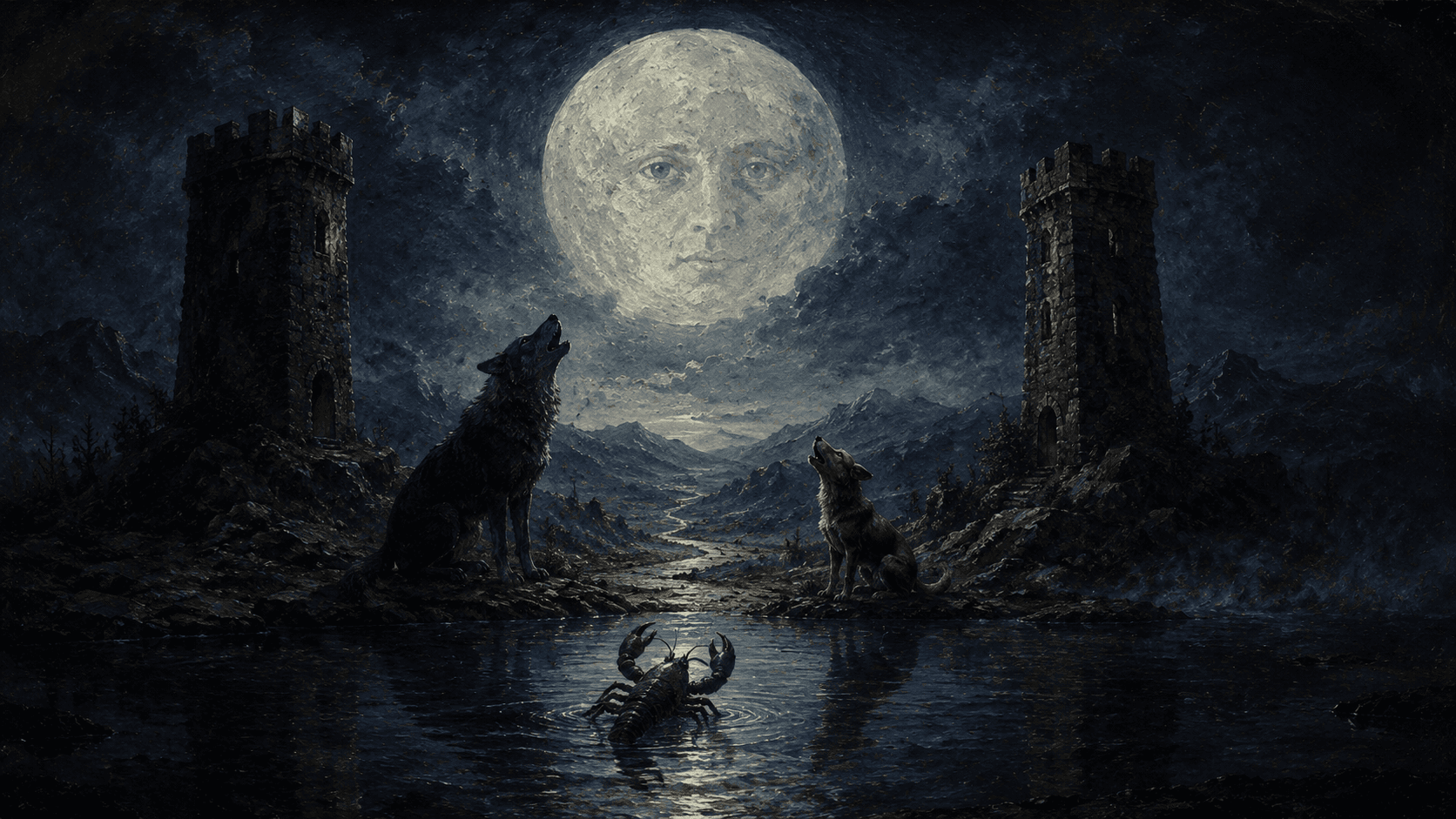 A moonlit path stretching between two shadowed towers under a large, glowing moon face, with a dog and wolf howling at the light and a crayfish emerging from a still pool in the foreground