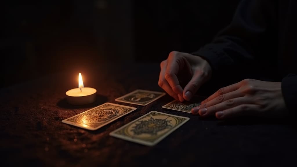 Las propias manos de quien lee disponen tres cartas de tarot ante sí sobre una mesa oscura a la cálida luz de una vela, los reversos dorados y ornamentados atrapando la luz, una vela encendida y un hilo de humo que asciende, y los bordes de la escena cayendo en penumbra profunda