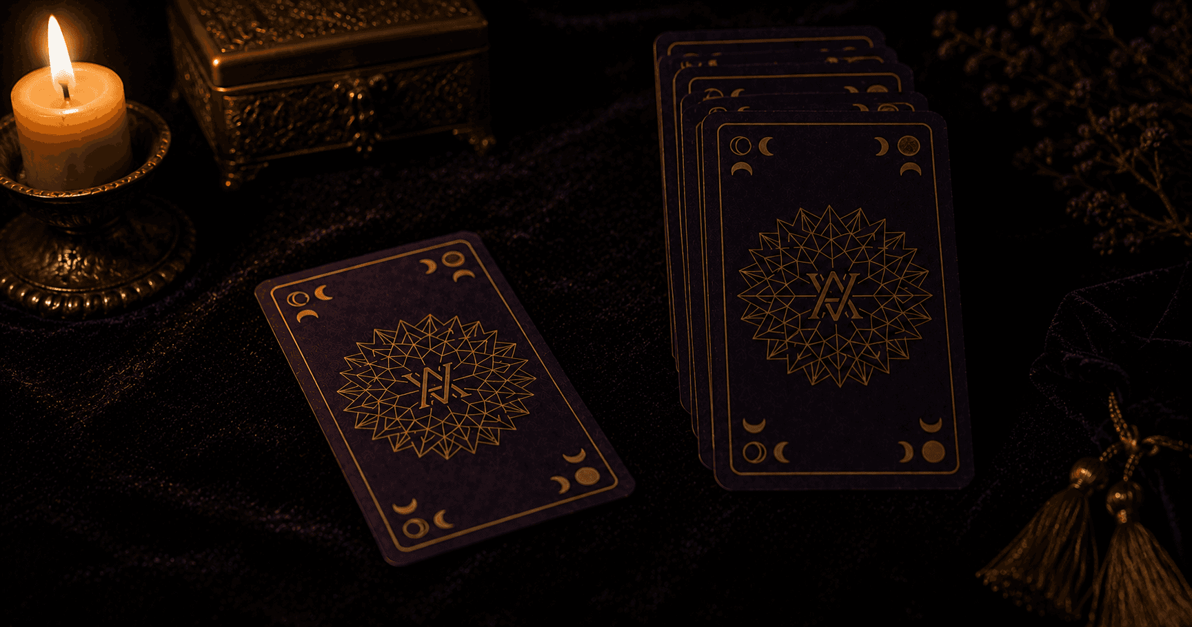 A single tarot card resting upside down on a dark surface beside upright cards