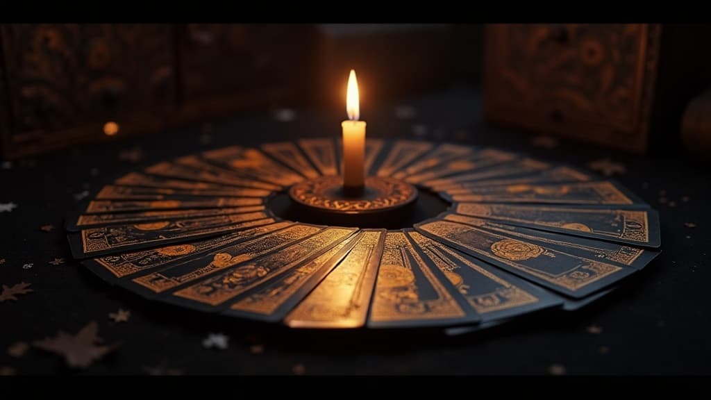 A wide arc of tarot cards fanned across a dark table, their gilded edges catching warm gold candlelight, with a faint violet glow behind and one card lifted slightly from the spread, its face left in shadow