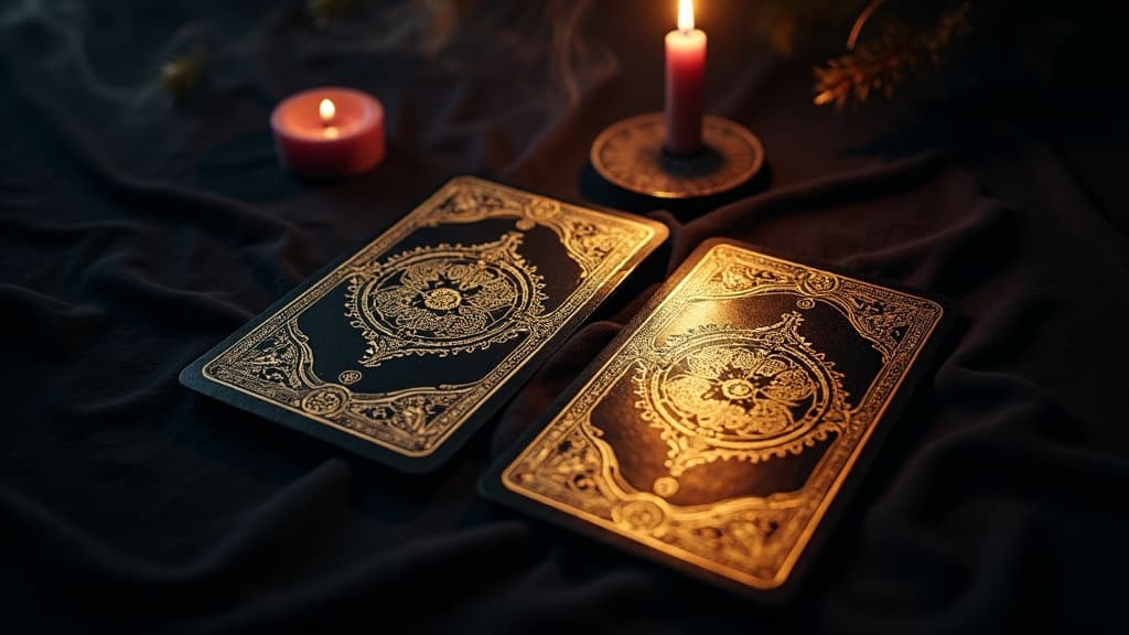Dos cartas de tarot idénticas descansan una junto a la otra sobre un paño oscuro a la cálida luz de una vela, sus reversos dorados y ornamentados reflejándose entre sí, una vela encendida y un fino hilo de humo que asciende a su lado, y los bordes de la escena desvaneciéndose en penumbra profunda
