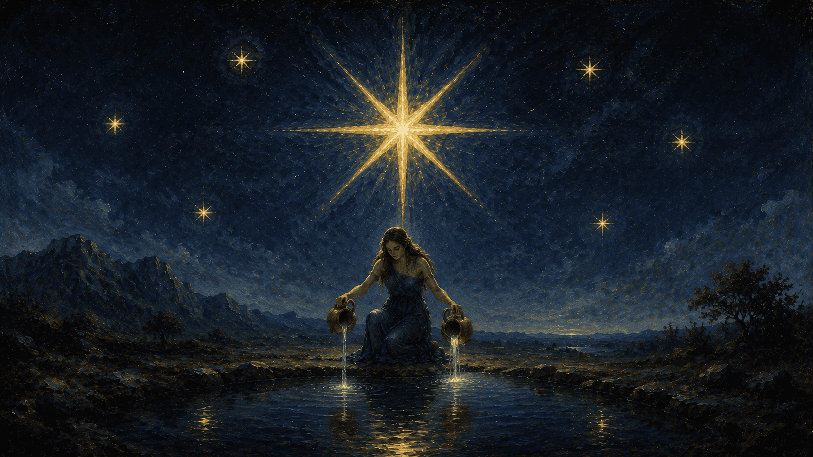 Una figura desnuda se arrodilla al borde de un estanque bajo una gran estrella de ocho puntas, vertiendo agua de dos vasijas bajo un cielo nocturno con siete estrellas menores