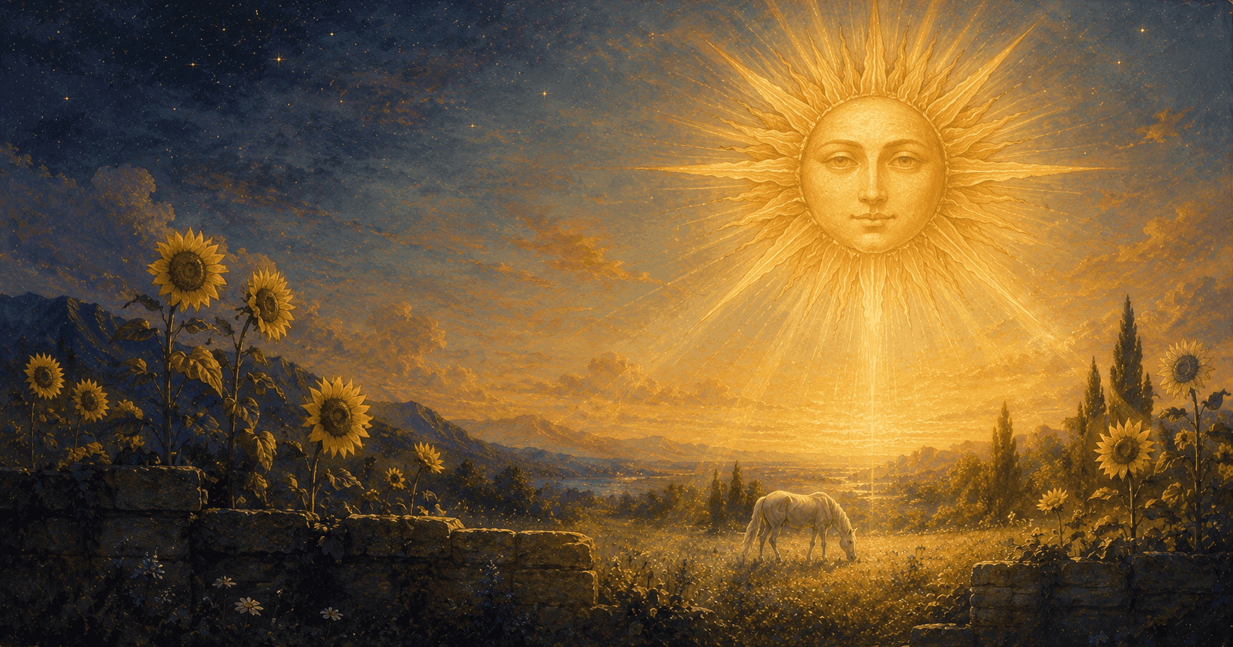 The Sun tarot card: a radiant sun above a child on a white horse, warm light spilling over a garden wall