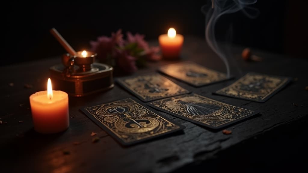 A small spread of ornate gold-patterned tarot cards laid across a dark wooden table in warm candlelight, with two lit candles, a thread of incense smoke curling upward, and a sprig of violet flowers, the edges falling to deep shadow