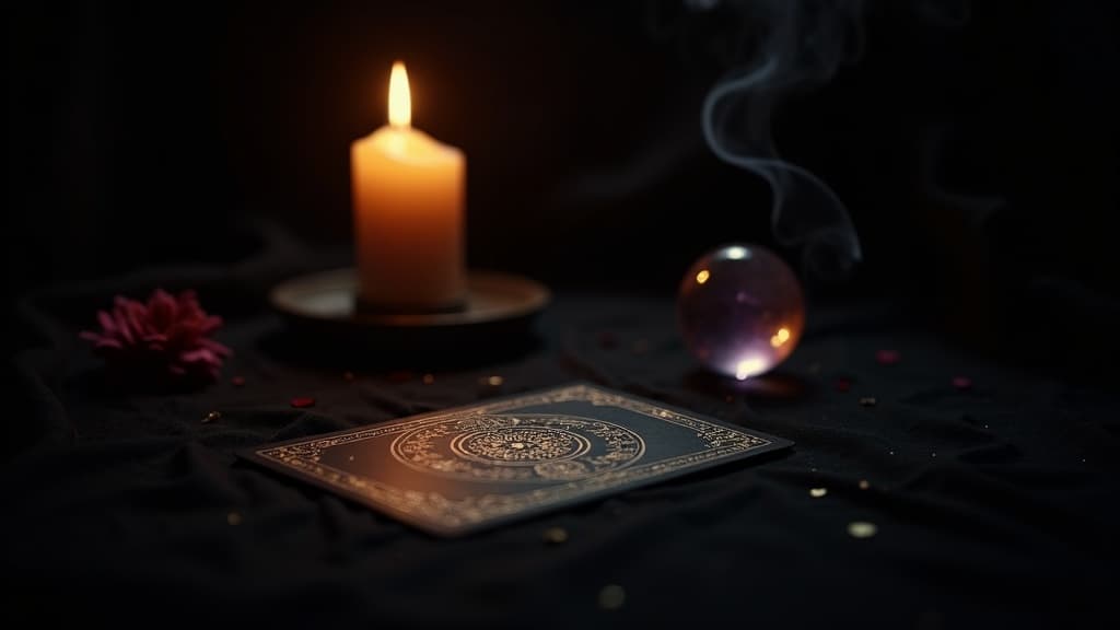 A single ornate face-down tarot card on dark cloth in warm candlelight, a dim crystal sphere with a faint violet glow set aside as incense smoke curls above it, and a muted rose resting in the shadows