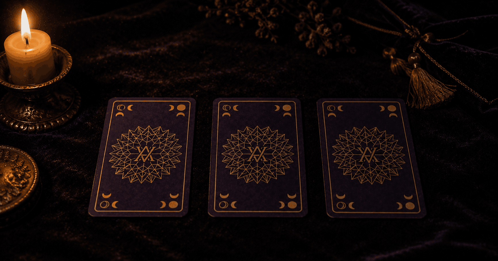 Tres cartas de tarot dispuestas en hilera sobre un paño oscuro, iluminadas por una vela