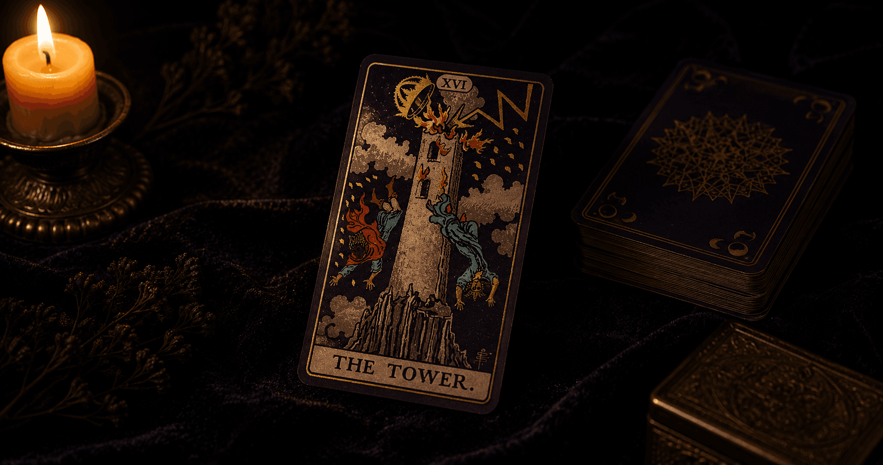 La carta de tarot de La Torre: una torre alta alcanzada por un rayo con figuras que caen de ella
