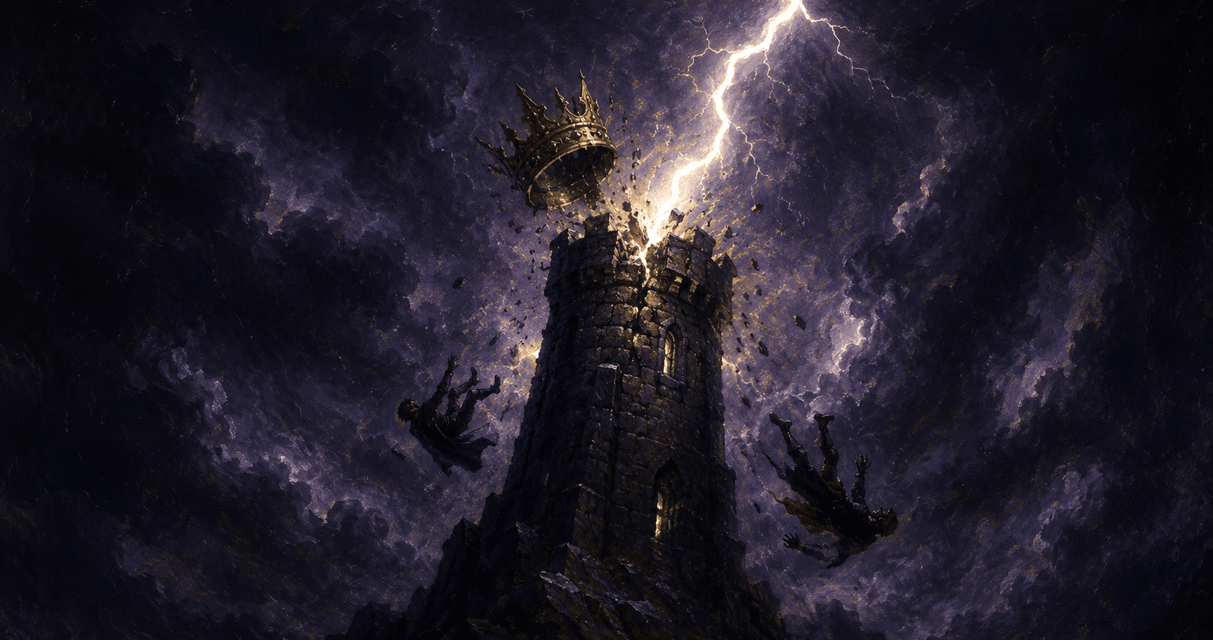 A lightning bolt strikes a tall stone tower at night, splitting a crown from its top as two figures fall against a dark, churning sky — a scene of sudden rupture and forced revelation.