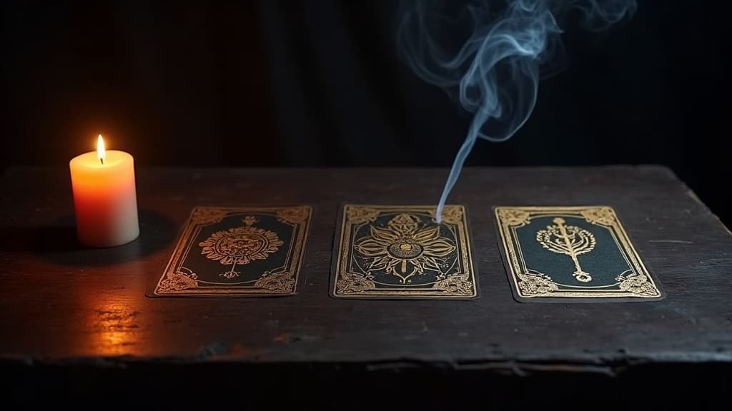 Three ornate gold-bordered tarot cards laid in a row on a dark wooden table in warm candlelight, a lit candle to the left and a thread of incense smoke rising on the right, the edges falling to deep shadow
