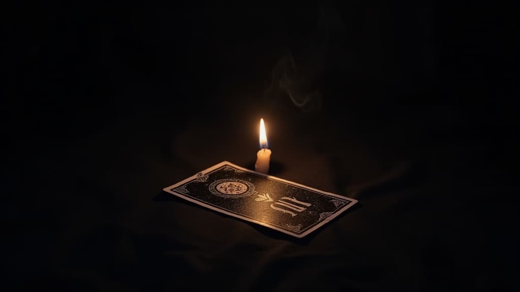 A single face-down tarot card resting on dark cloth beside a low-burning candle, surrounded by deep shadow and wide empty space, a faint curl of incense smoke rising through the warm gold light