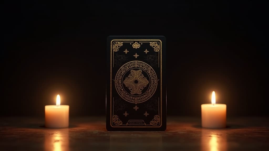 A single face-down tarot card standing upright on its edge on a dark table between two candle flames, balanced as if it could tip toward either side, lit in warm gold against the surrounding darkness