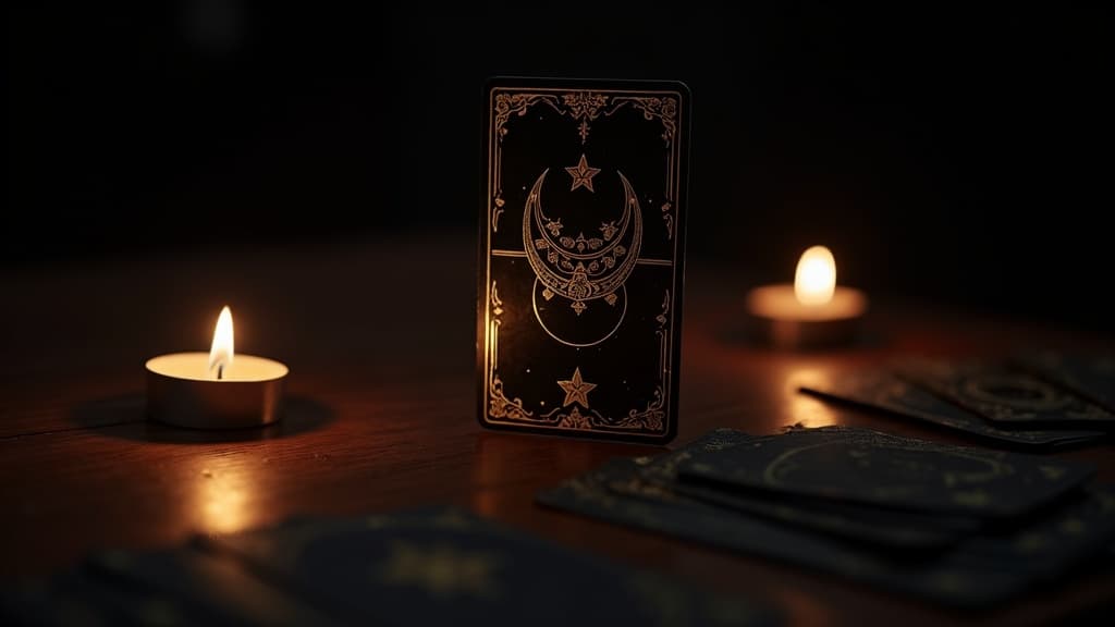 A single tarot card standing upright and softly lit on a dark table, drawn apart from a small face-down deck, under a warm gold glow