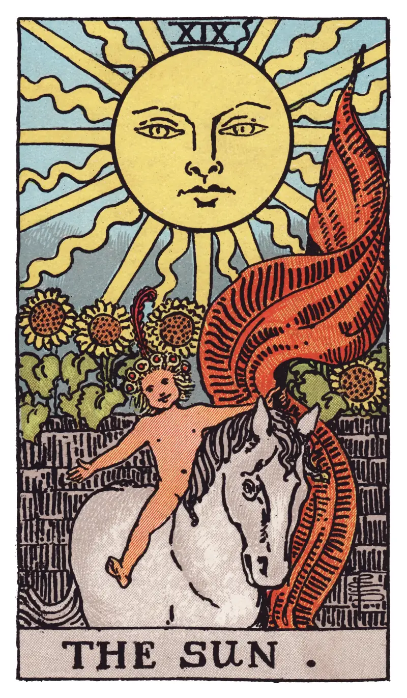 Carta de El Sol — niño en caballo blanco bajo un sol radiante con girasoles, baraja Rider-Waite-Smith